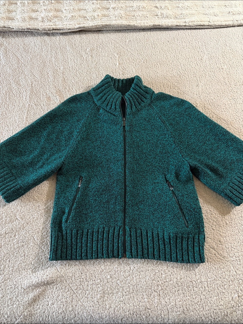 Jones New York Teal Frost Black Zip-Front Ribbed Mock-Neck Cardigan Small New